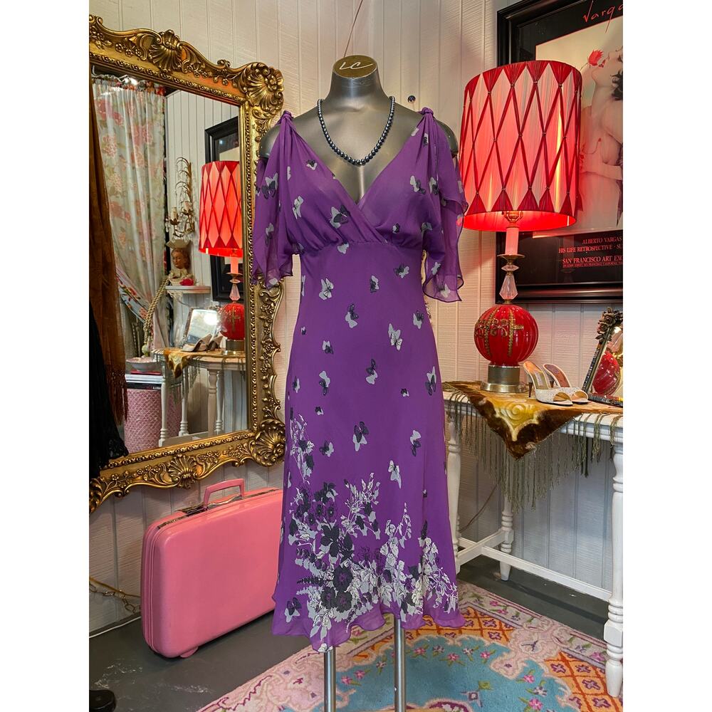 vintage y2k purple silk dress butterfly novelty print flutter sleeve bias cut s